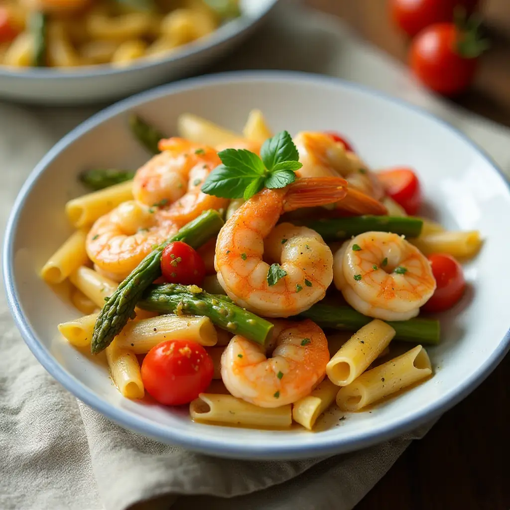 Shrimp Scampi with Tomatoes, Pasta, and Roasted Asparagus