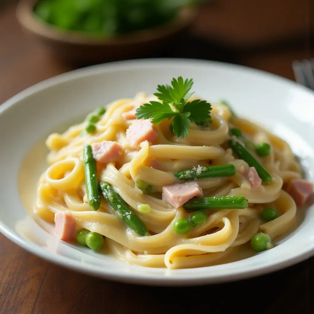 Creamy Spring Vegetable and Ham Pasta