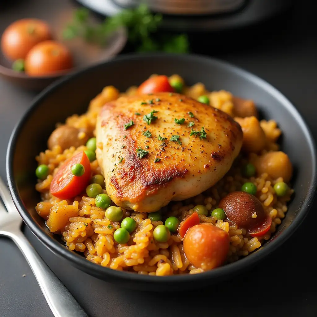 Pressure Cooker Paella with Chicken Thighs and Smoked Sausage