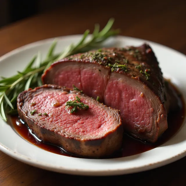 Boneless Garlic and Rosemary Rubbed Prime Rib with Red Wine Mushroom Sauce