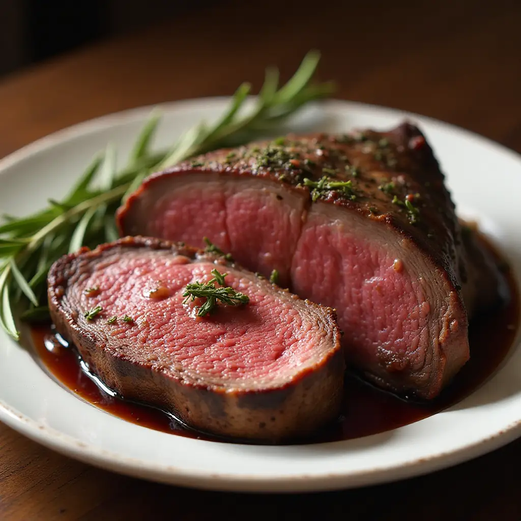 Boneless Garlic and Rosemary Rubbed Prime Rib with Red Wine Mushroom Sauce
