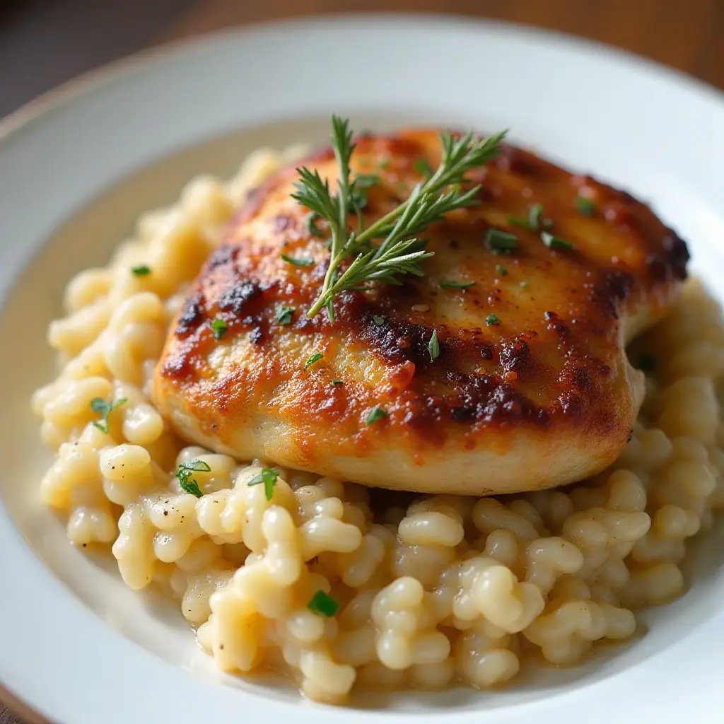 Roasted Chicken with Risotto and Caramelized Onions