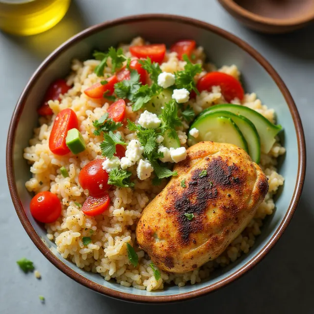 Mediterranean Crispy Rice Chicken Bowl
