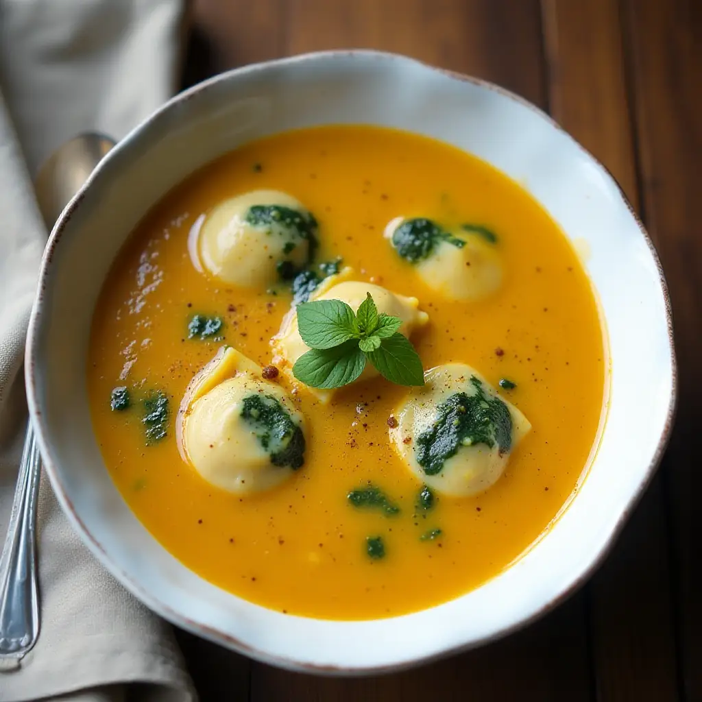 Butternut Squash Soup with Spinach Ravioli