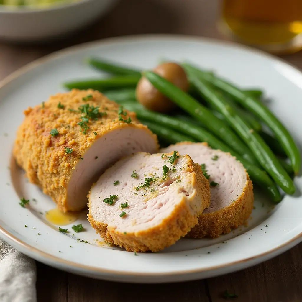 Air Fryer Mustard-Crusted Pork Tenderloin with Potatoes and Green Beans