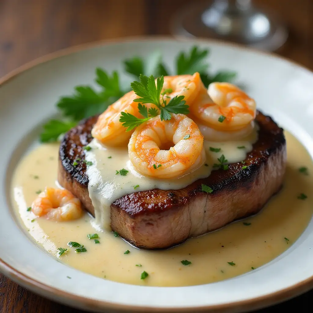Filet Mignon with Garlic Shrimp Cream Sauce