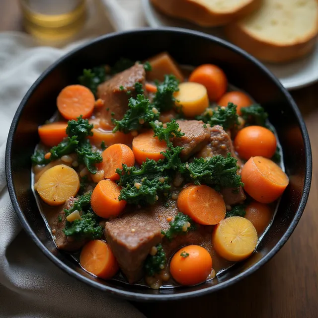 Black Skillet Beef with Greens and Red Potatoes