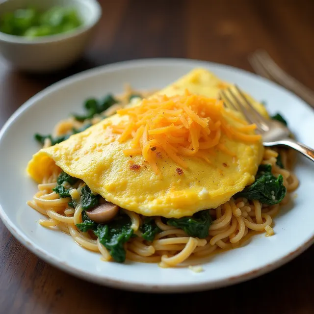 Ramen Omelet with Spinach, Mushrooms, and Cheese