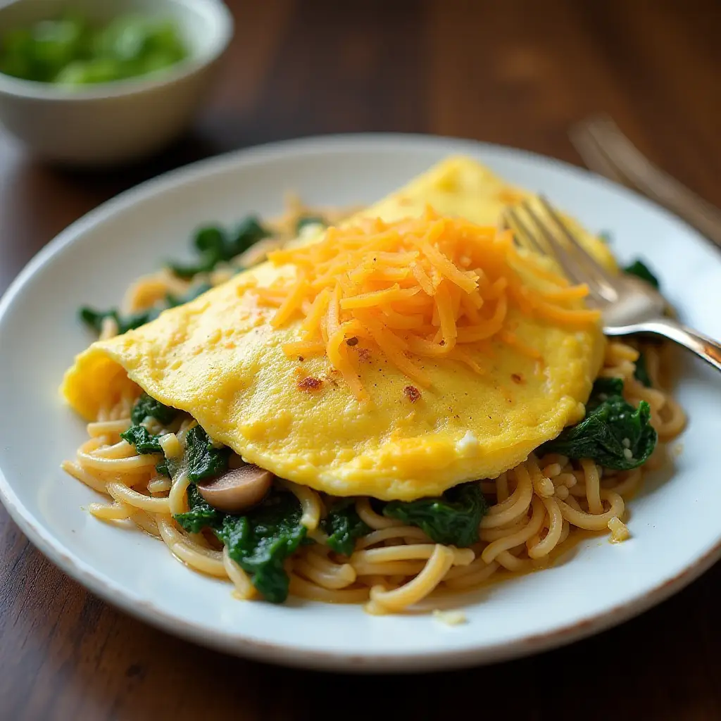 Ramen Omelet with Spinach, Mushrooms, and Cheese