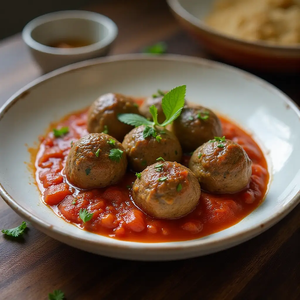 Little Lamb Meatballs in a Spicy Eggplant Tomato Sauce