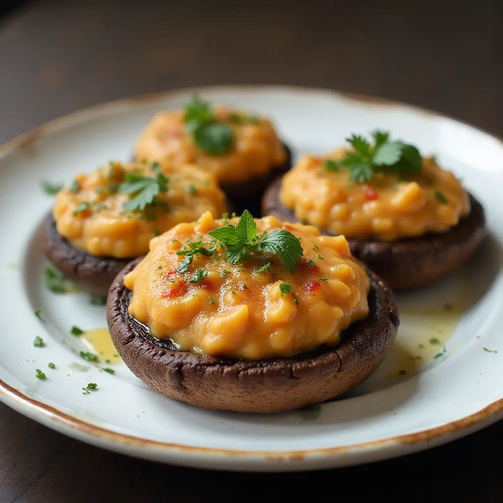 Grilled Portobello Mushrooms with Mashed Cannellini Beans and Harissa Sauce
