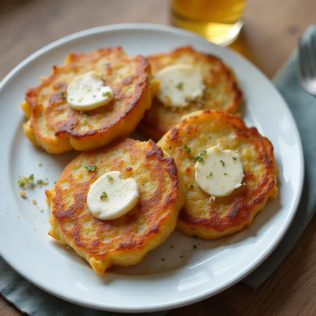 Potato Latkes with Caramelized Pears, Goat Cheese, and Sherry Vinegar Drizzle