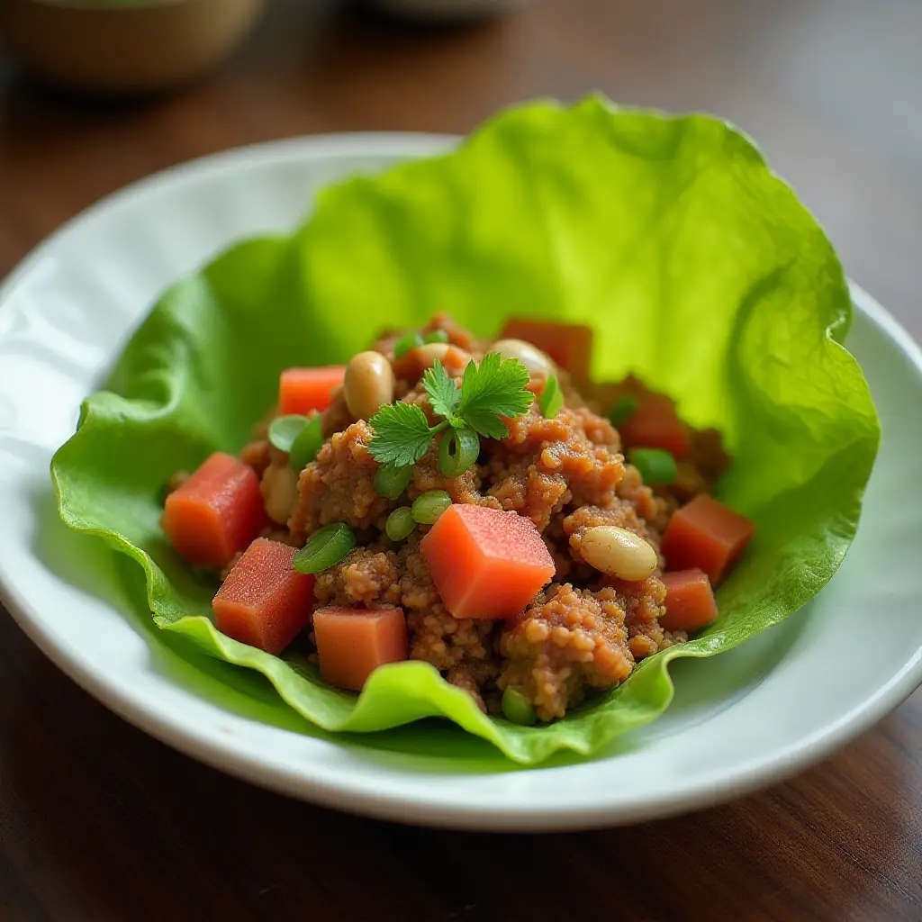 Minced Pork and Watermelon Lettuce Wraps