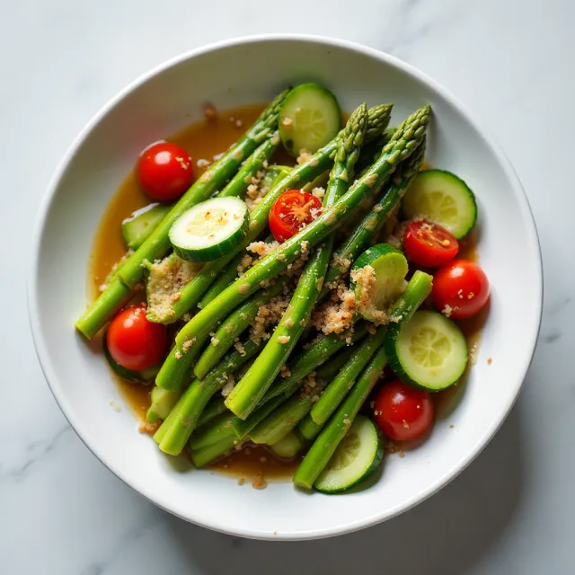 Asparagus, Cucumber, and Tomato Salad with Sesame Soy Vinaigrette