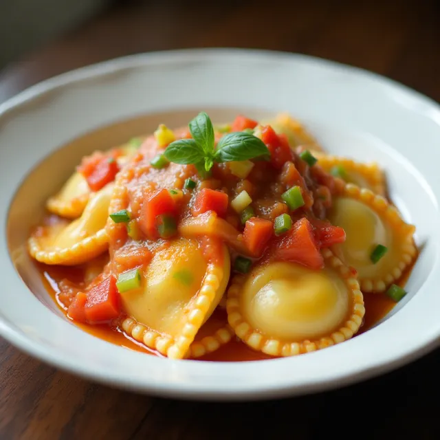 Cheese Ravioli with Three Pepper Topping