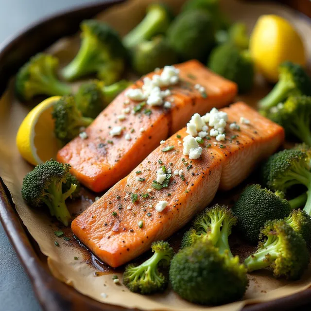 Easy Sheet Pan Roasted Greek Salmon and Broccoli