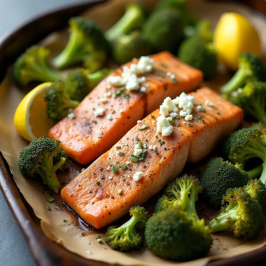 Easy Sheet Pan Roasted Greek Salmon and Broccoli