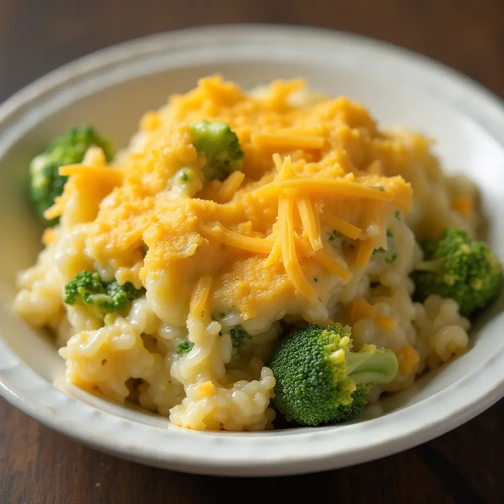 Broccoli and Cheese Rice Casserole With Garlic Pretzel Topping