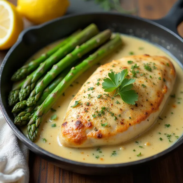 Creamy One-Pan Lemon Garlic Chicken and Asparagus
