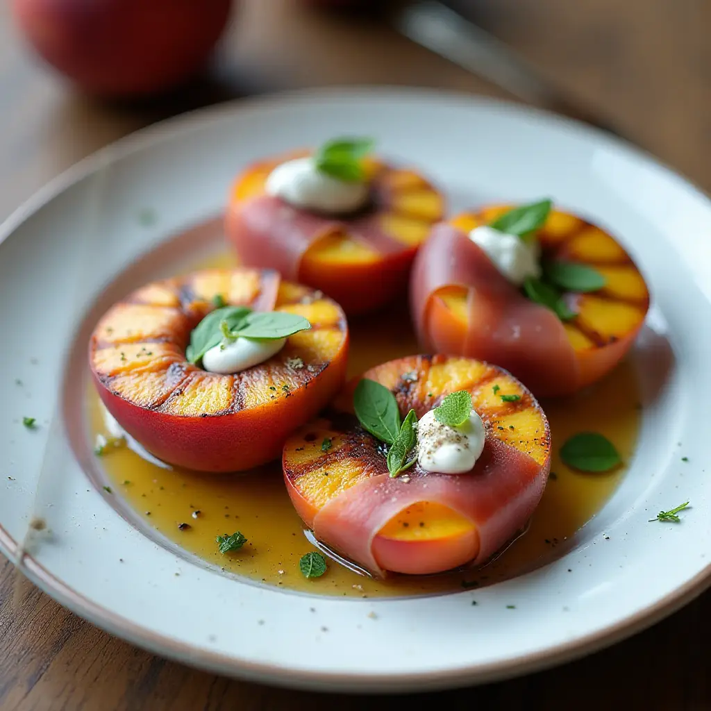 Grilled Prosciutto-Wrapped Peaches with Burrata and Basil