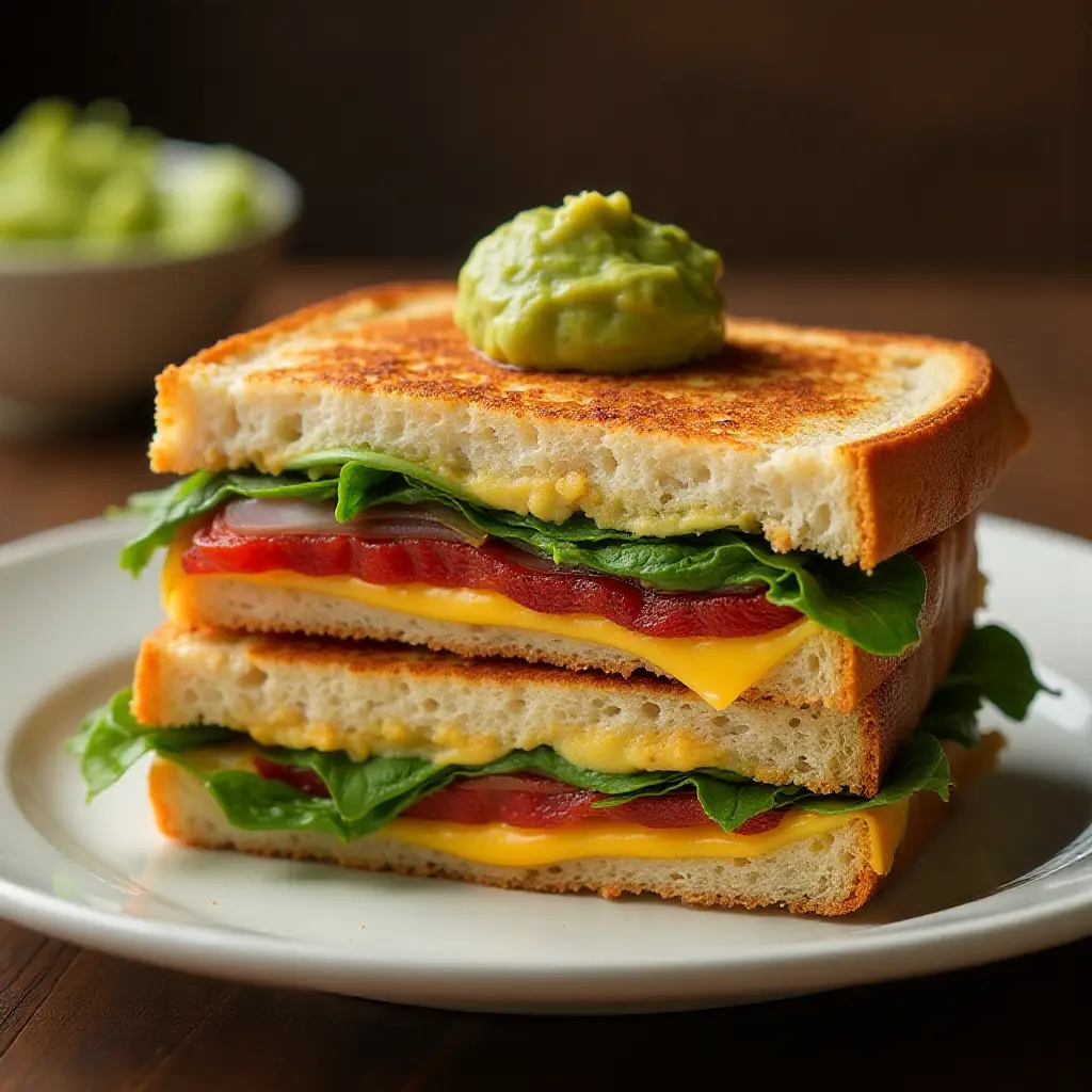 Rotisserie Chicken Panini with Roasted Sweet Red Pepper, Spinach, and Guacamole