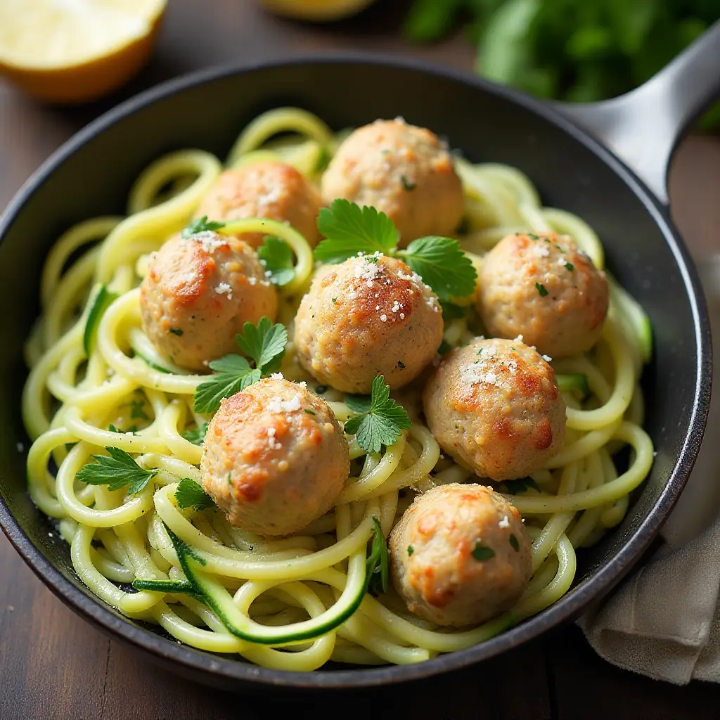 Garlic Butter Zoodles with Chicken Meatballs