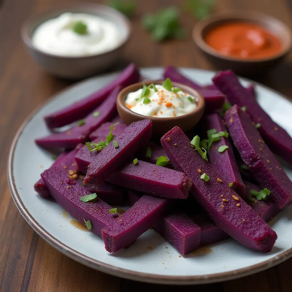 Air-Fried Purple Yam Fries with Sour Cream Sriracha Sauce