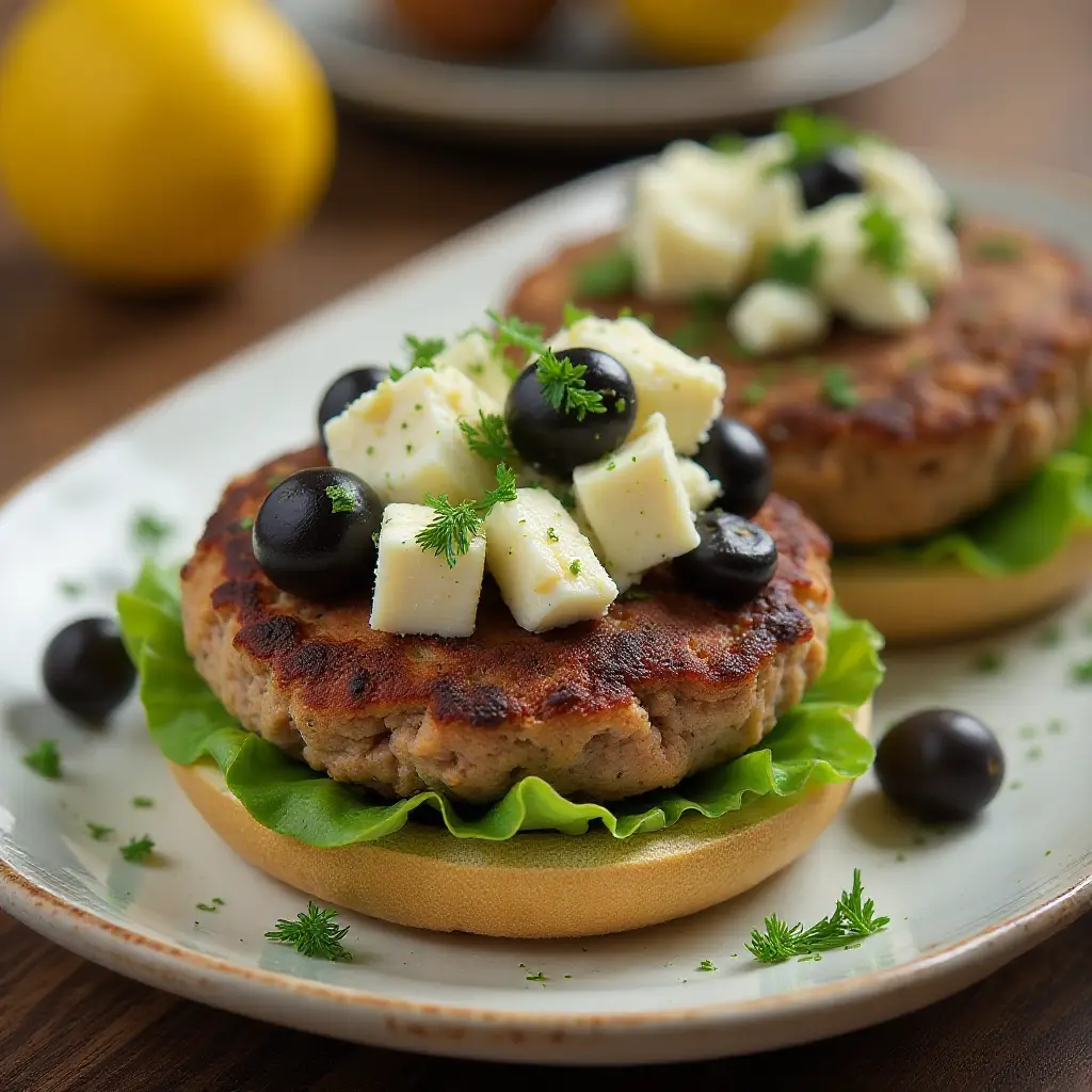 Mediterranean Ground Turkey Burgers with Olive and Feta Topping