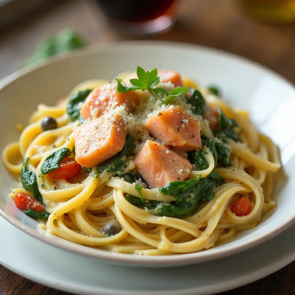 Salmon and Spinach Fettuccine