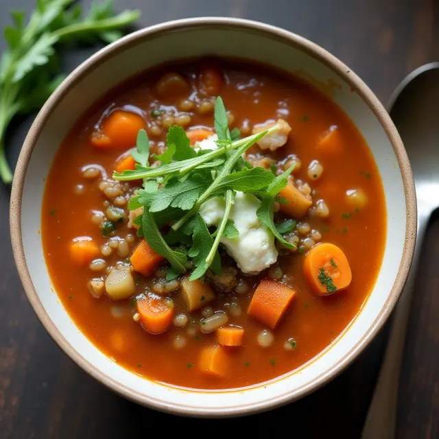 Lentil Soup with Goat Cheese and Arugula