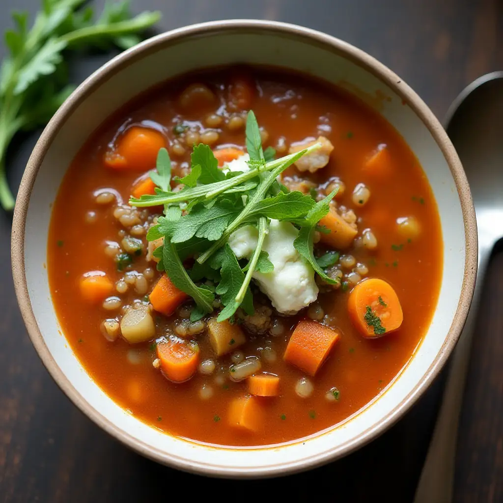 Lentil Soup with Goat Cheese and Arugula