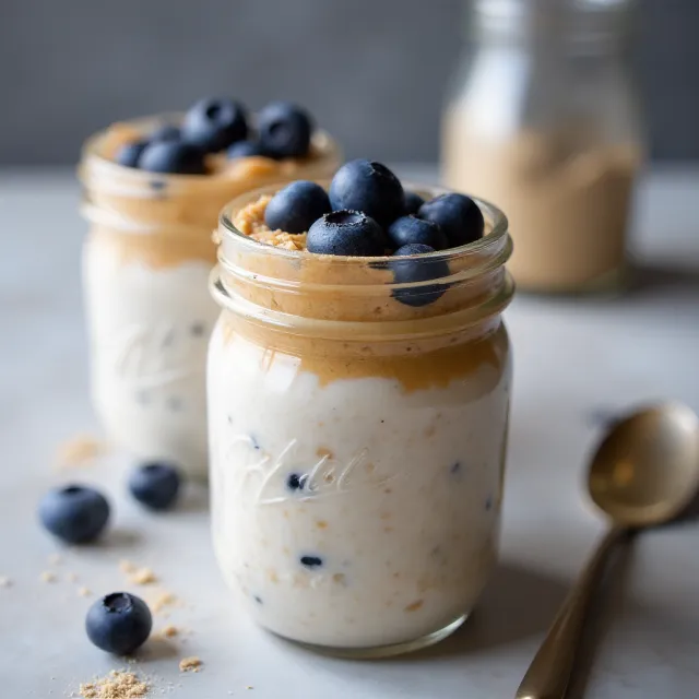 Protein Powder Overnight Oats with Blueberries and Peanut Butter