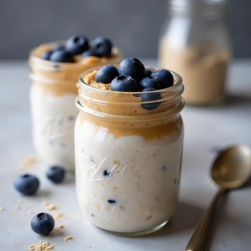Protein Powder Overnight Oats with Blueberries and Peanut Butter
