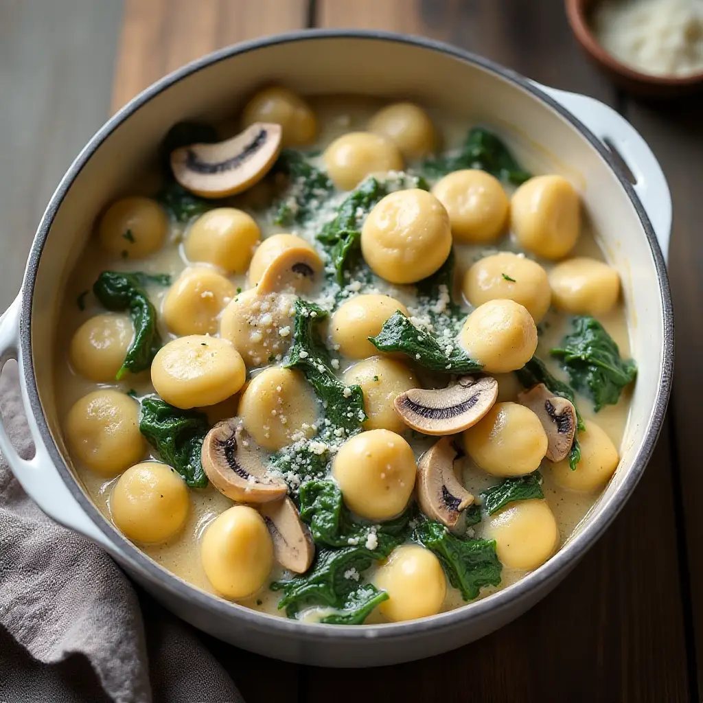 Baked Mushroom, Spinach, and Chicken Gnocchi