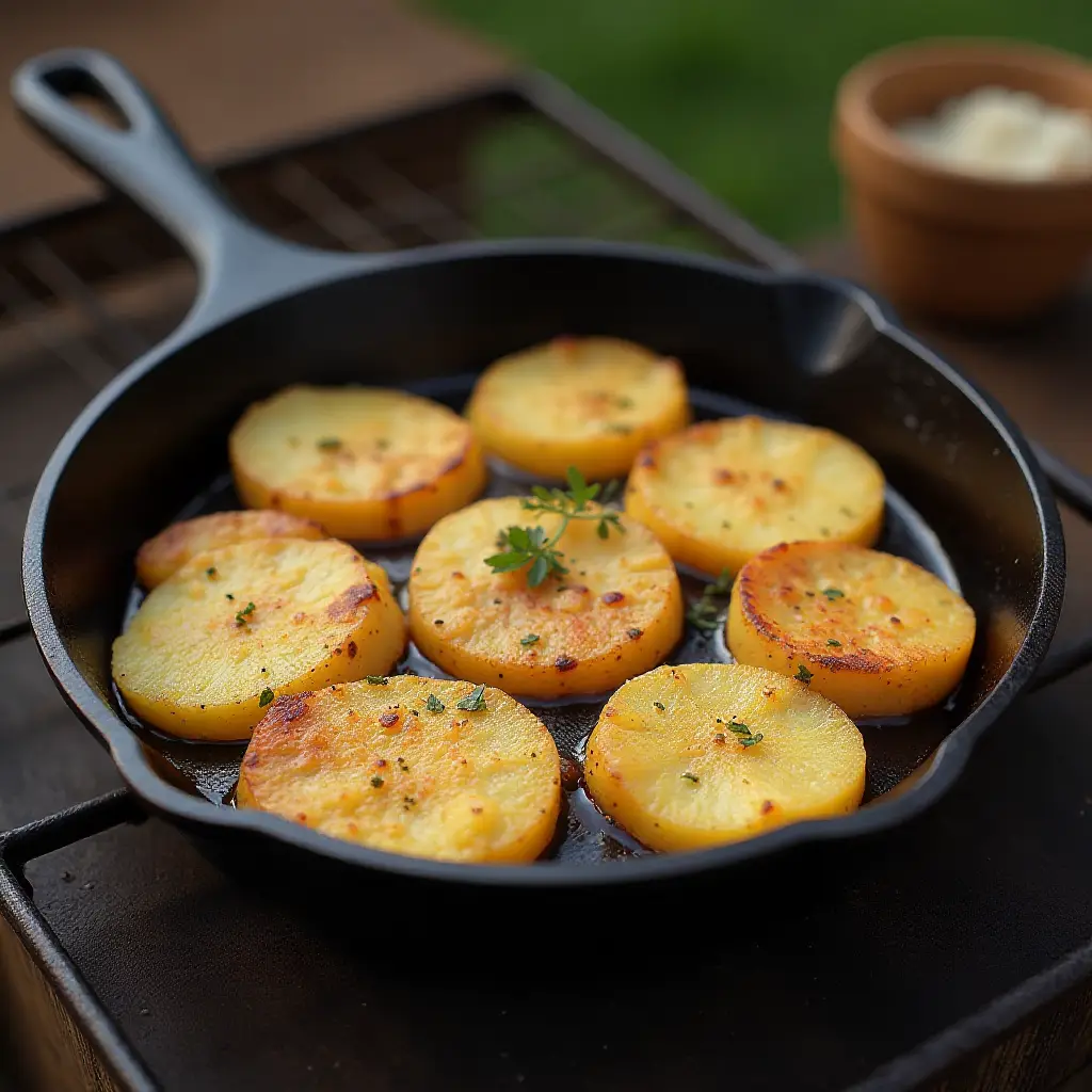 Backyard Skillet Smashed Potatoes and Onions