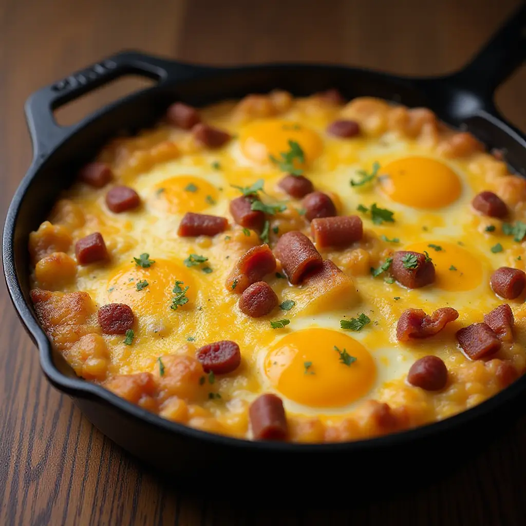 Cheesy Bacon, Sausage, and Egg Hash Brown Skillet