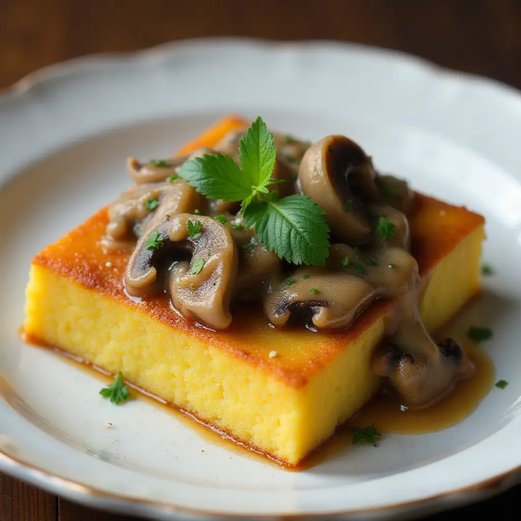 Fried Polenta Squares with Creamy Mushroom Ragu