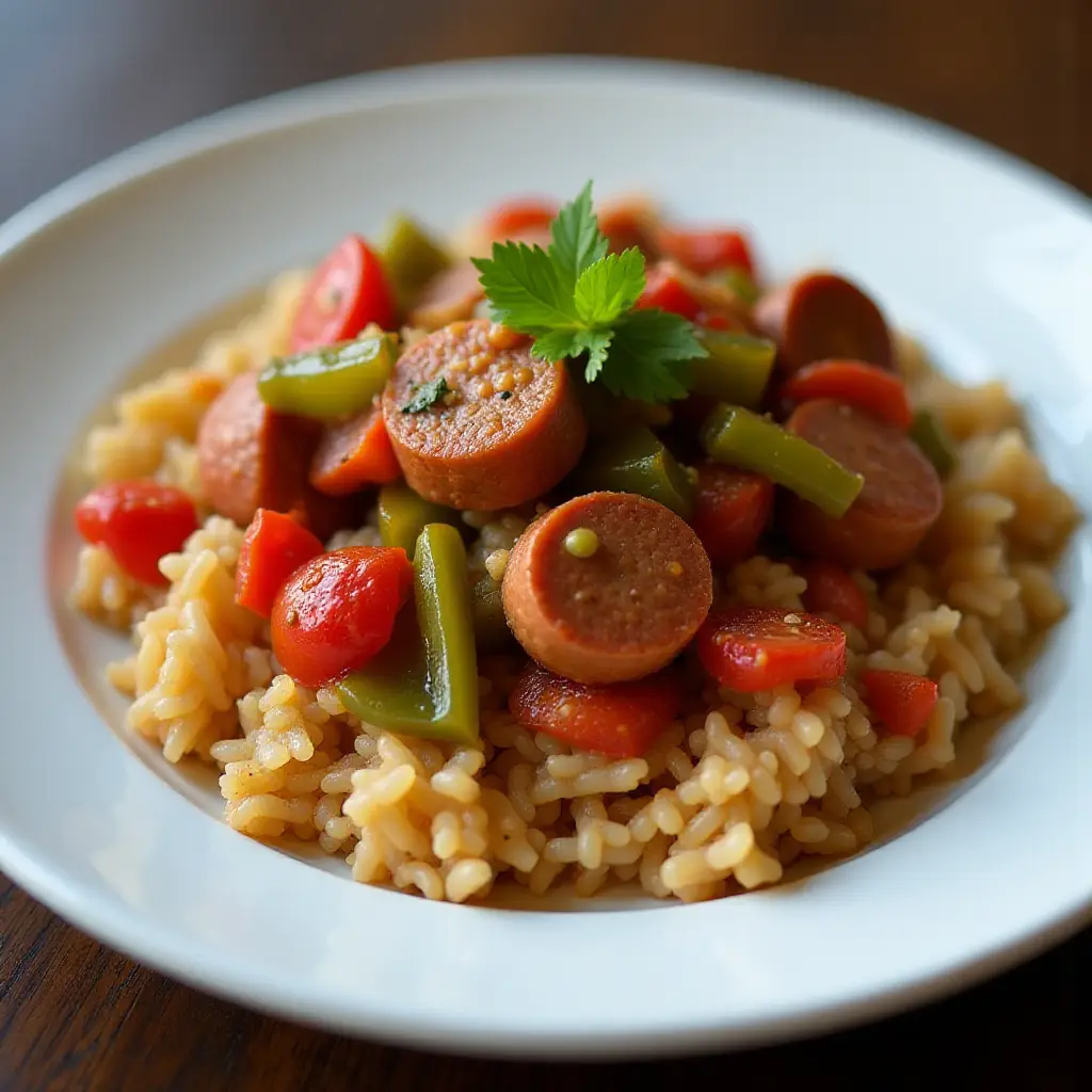 Spicy Sausage and Peppers Over Rice