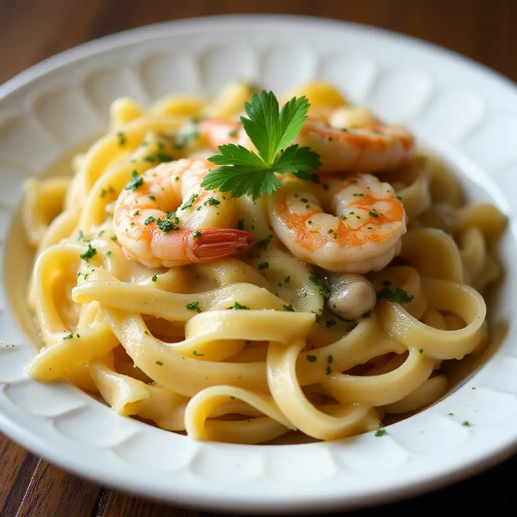 Mushroom Shrimp Alfredo Pasta