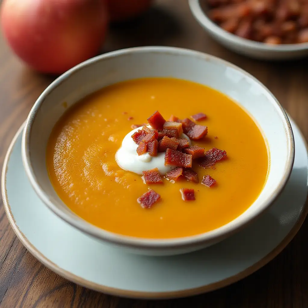 Roasted Butternut Squash Soup with Apples and Bacon