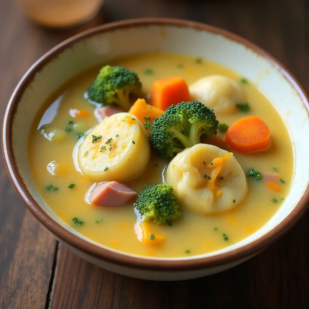 Potato, Ham, Broccoli, and Cheese Soup with Baby Dumplings