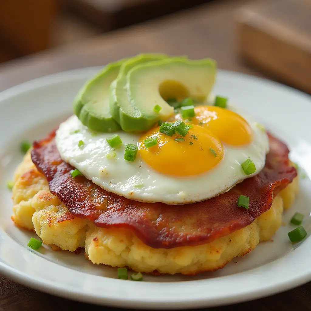 Bacon Potato Cakes with Ham Steak, Egg, and Sliced Avocado