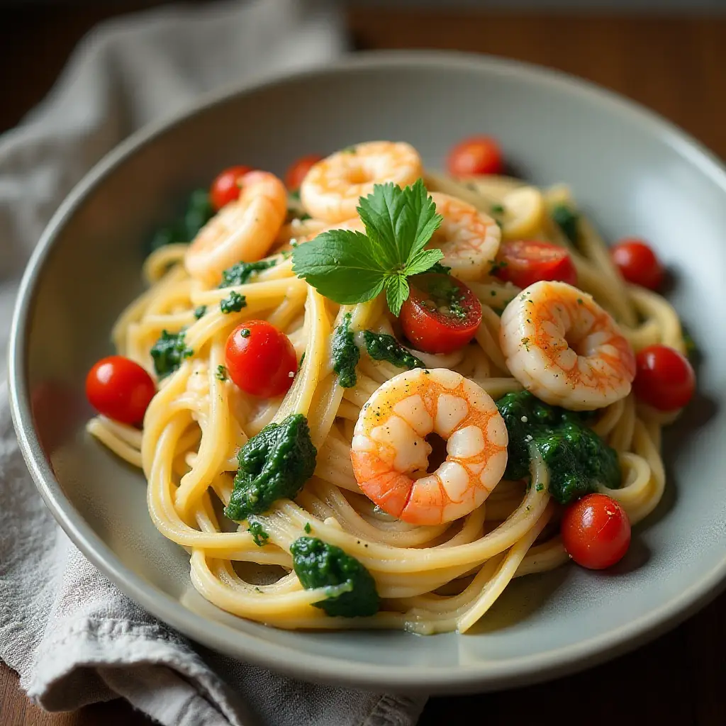 Fettuccine with Shrimp, Tomatoes, and Spinach Cream Sauce