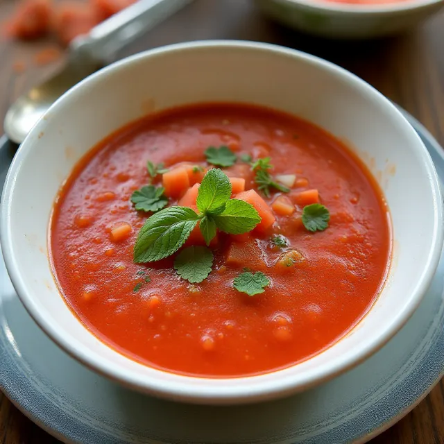 Watermelon Tomato Gazpacho with a Cool Cucumber Swirl