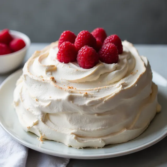 Meringue Cake with Whipped Cream and Raspberries