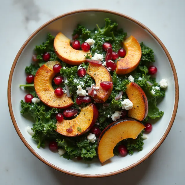 Kale and Roasted Delicata Squash Salad with Pomegranate Vinaigrette
