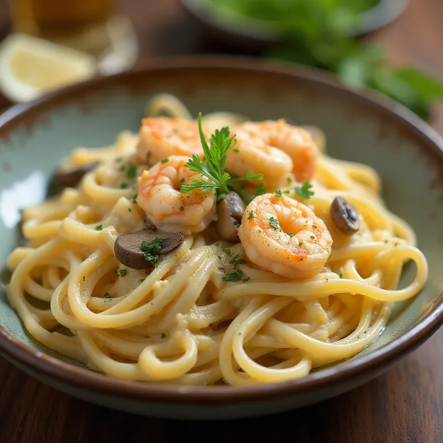 Shrimp and Mushroom Linguini with Creamy Cheese Herb Sauce