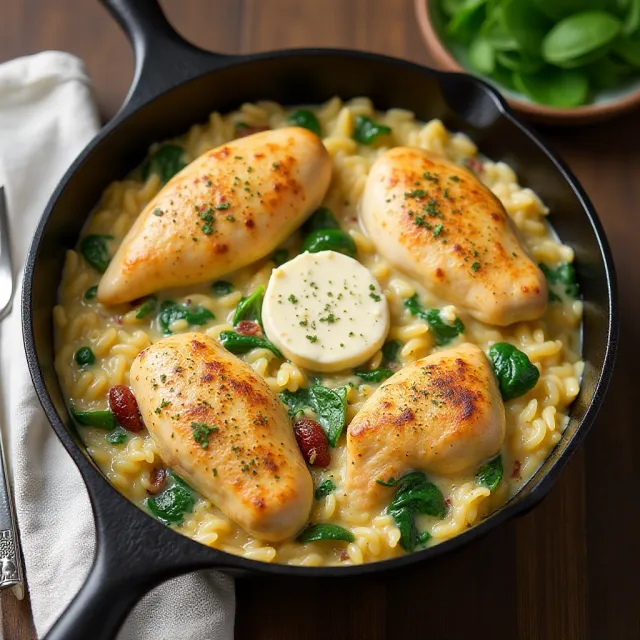 Creamy Chicken Boursin Orzo Bake