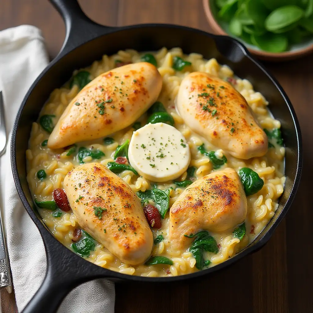 Creamy Chicken Boursin Orzo Bake