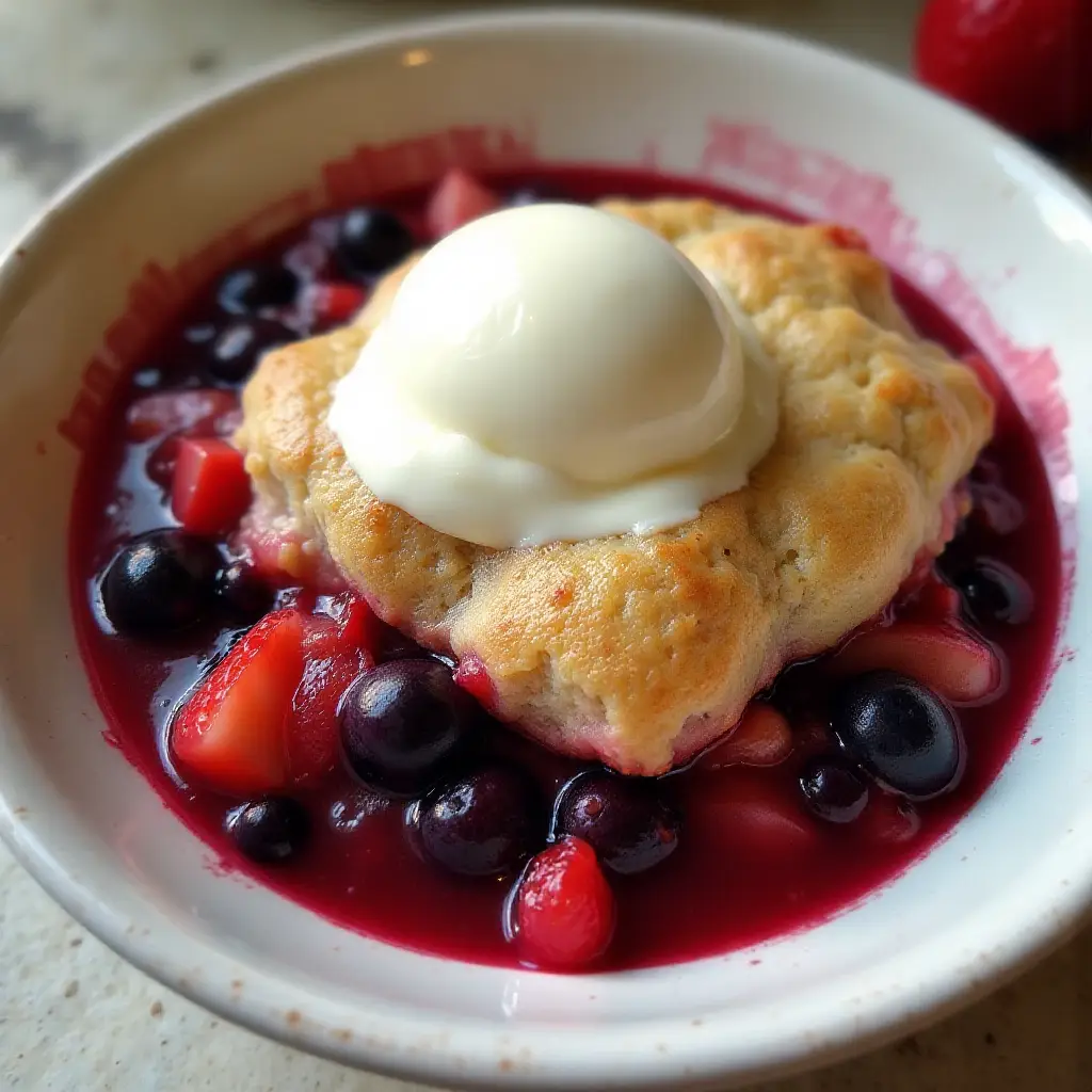 Rhubarb, Strawberry, and Blueberry Cobbler